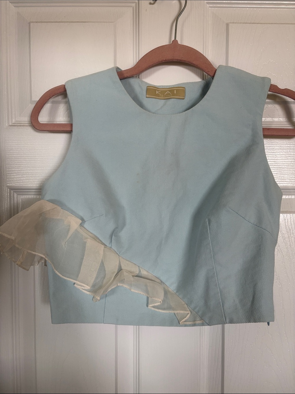 KAI Women's Light Blue Crop Top with Sheer Ruffle
